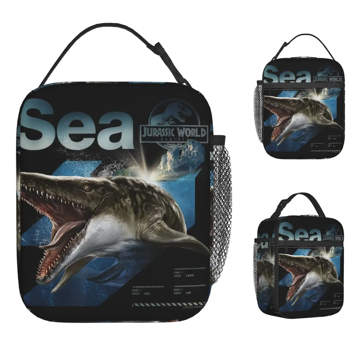 Bolsa de almuerzo Jurassic World Rebirth Mosasaurus Sea Dinosaurio, fiambrera portátil con cremallera, bolsa refrigeradora de diseño gráfico de viaje Unisex