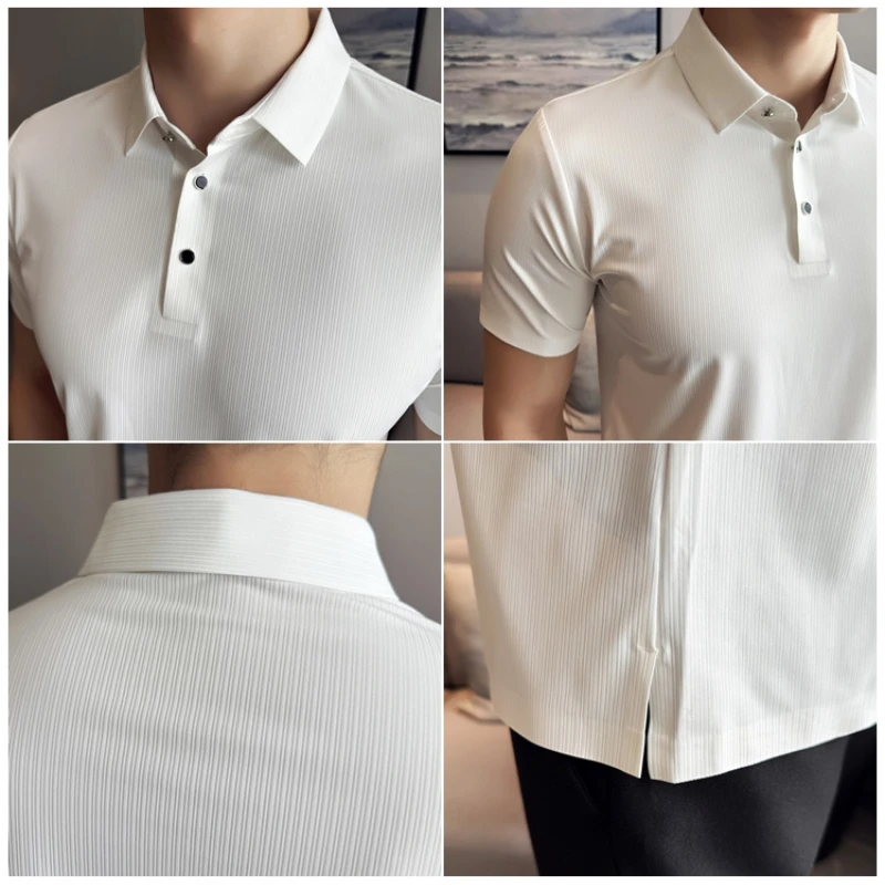 Solid Color Men's Business Casual Polo Shirt, High Quality 2024, Dark Striped Short Sleeve Polo Shirt, Men's Stretchy T-shirt.