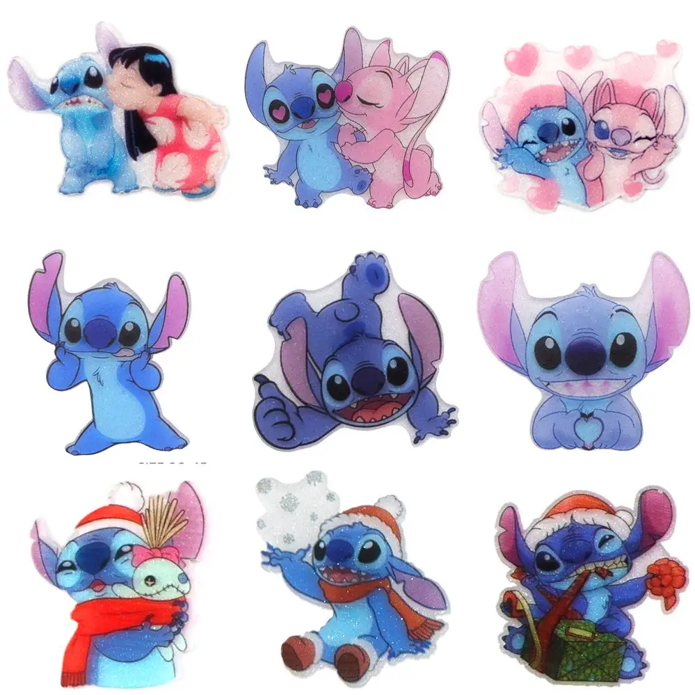 Disney Lilo And Stitch 5pcs Planar Resin Flatback Glitter Claer Acrylic Craft Supplies Cabochon Scrapbook DIY Hair Bow Material