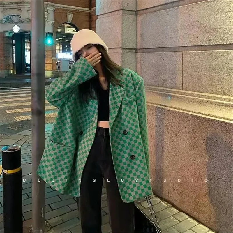 Green Plaid Suit Coat Women's Autumn 2023 New Korean Fashion Jacket Outwear Basic Jackets Winter Coat Female Overcoat