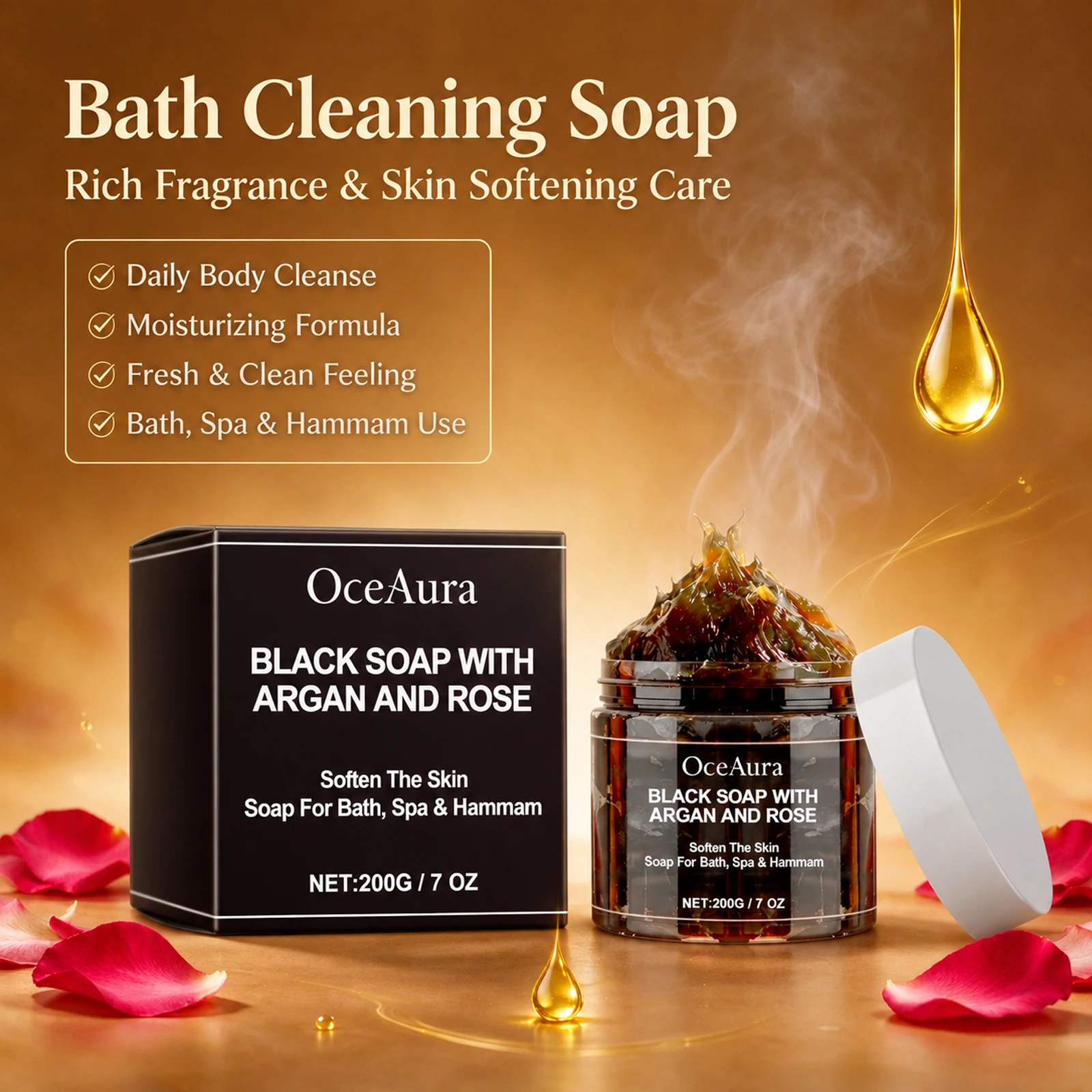 Black Soap with Argan and Rose Body Cleansing Soap Moisturizing Soft Skin Gentle Exfoliating Long Lasting Fresh Purifying 200g