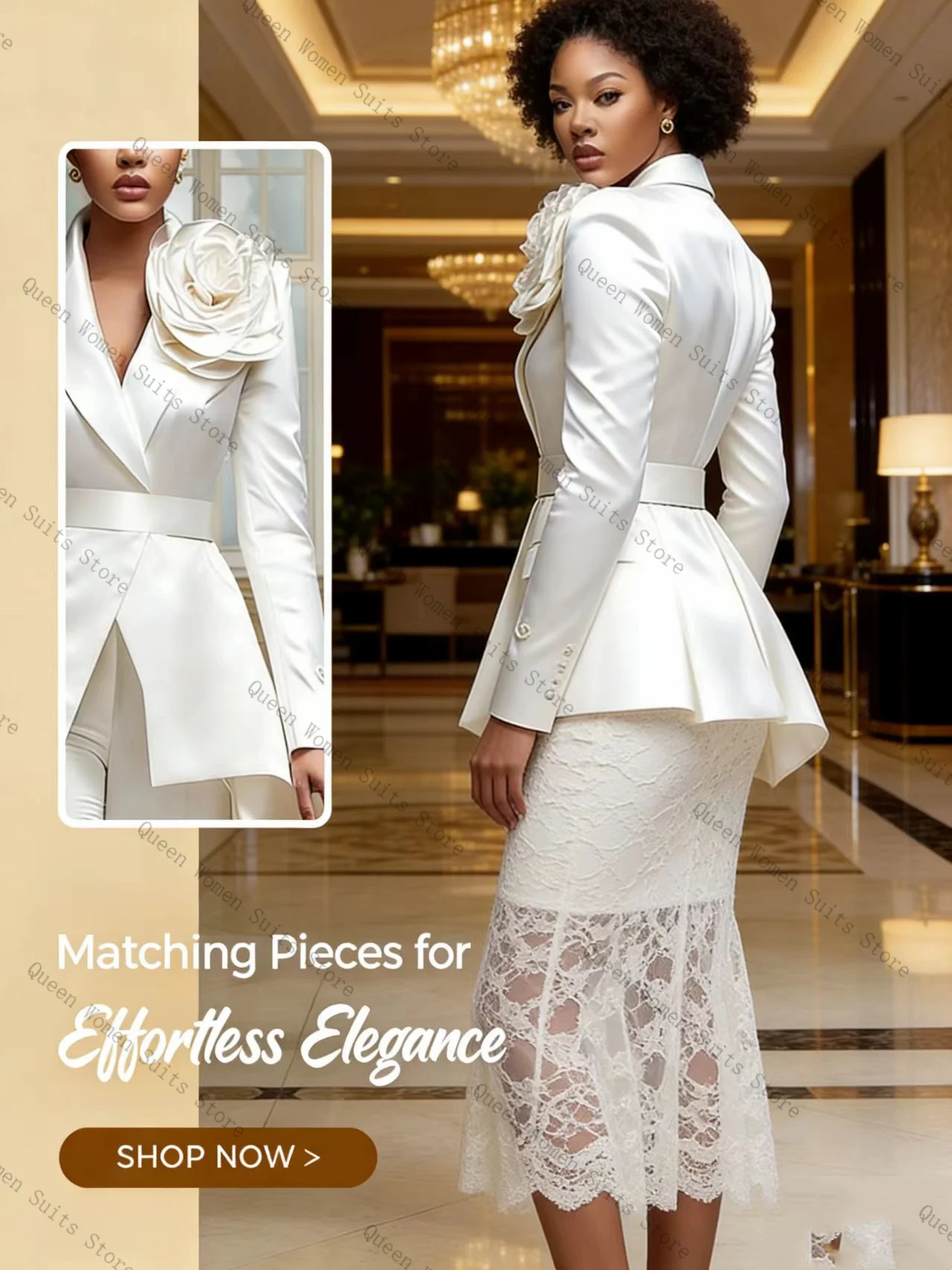 

Elegant Lace Women Suit Skirt Set 2 Pcs Blazer+Prom Dress White 3D Flower Formal Office Lady Jacket Wedding Coat Customized