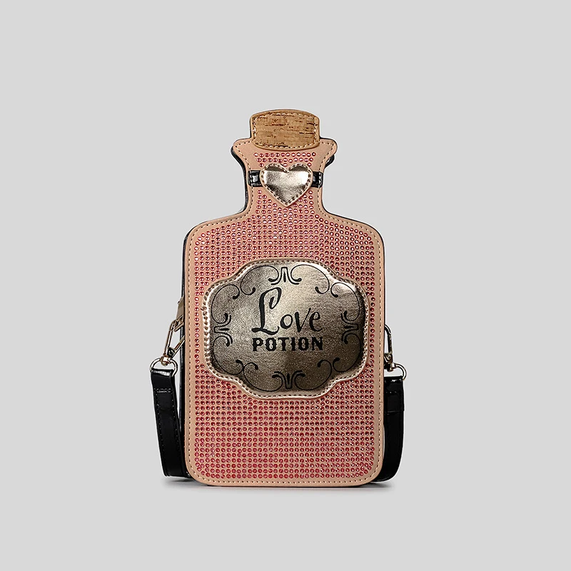 Bolso cruzado con diseño creativo de botella de diamantes de imitación para mujer, bolsos de hombro decorativos con corazones de amor divertidos, monederos pequeños para teléfono 2024