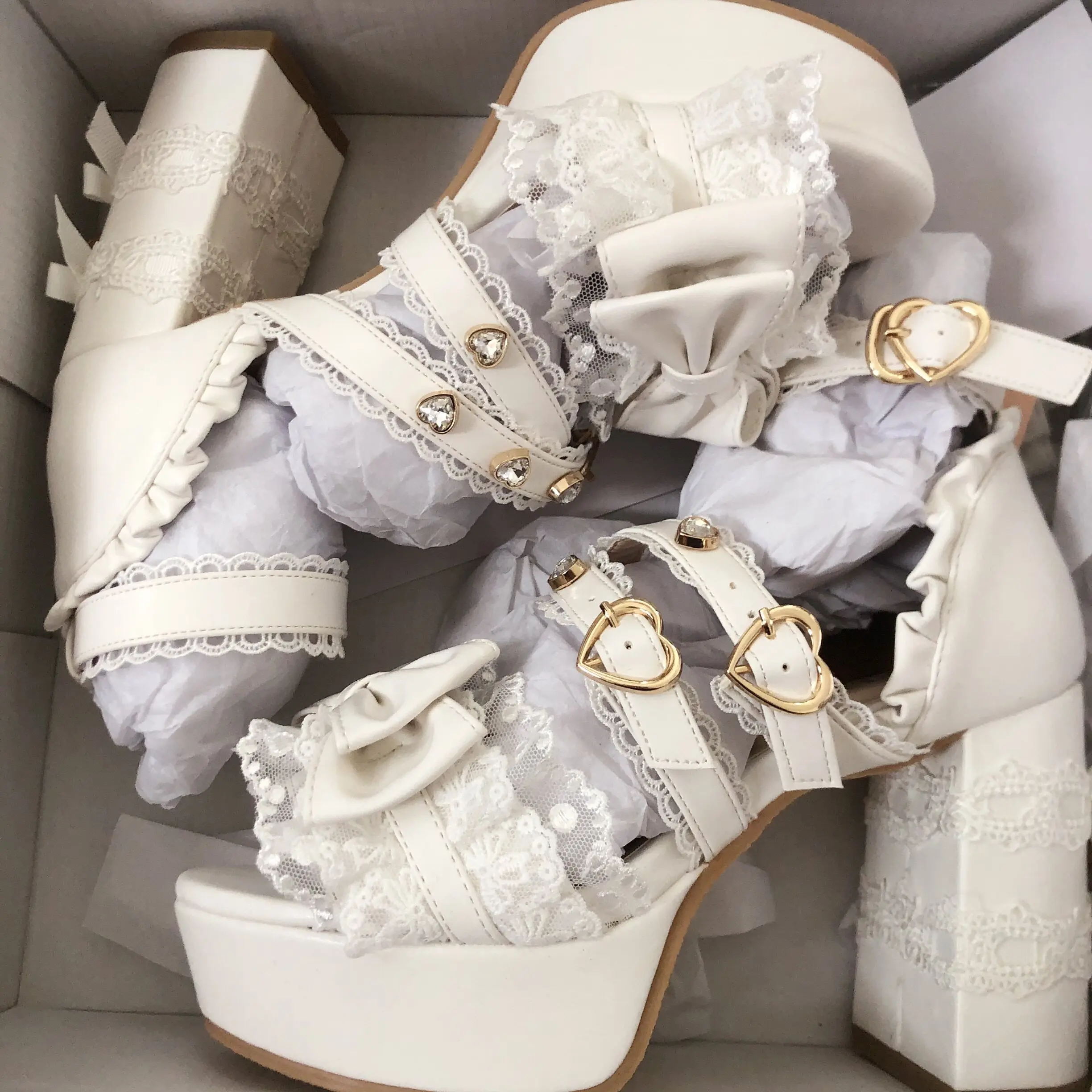 Japanese Summer Lolita Style Sandals Sweet Lace Ruffle Edge Pearl Bow Thick Heel Platform Open-toed High Heels Princess Shoes
