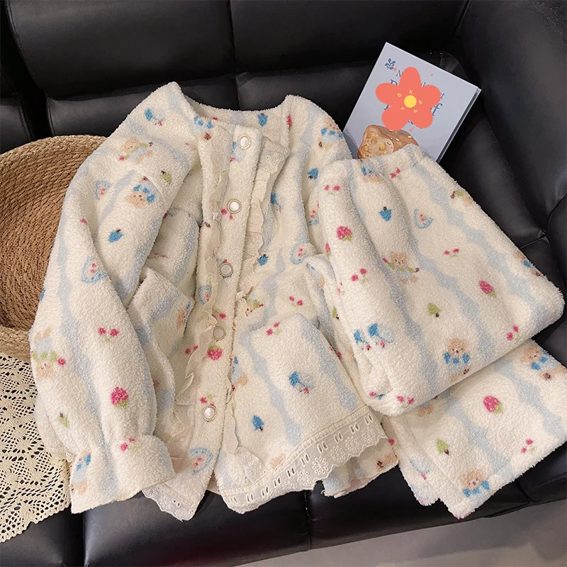 

Женские пижамы из кораллового флиса, весна-осень-зима, утепленная теплая одежда для сна, милая домашняя одежда с ворсом, комплект из двух предметов с героями мультфильмов