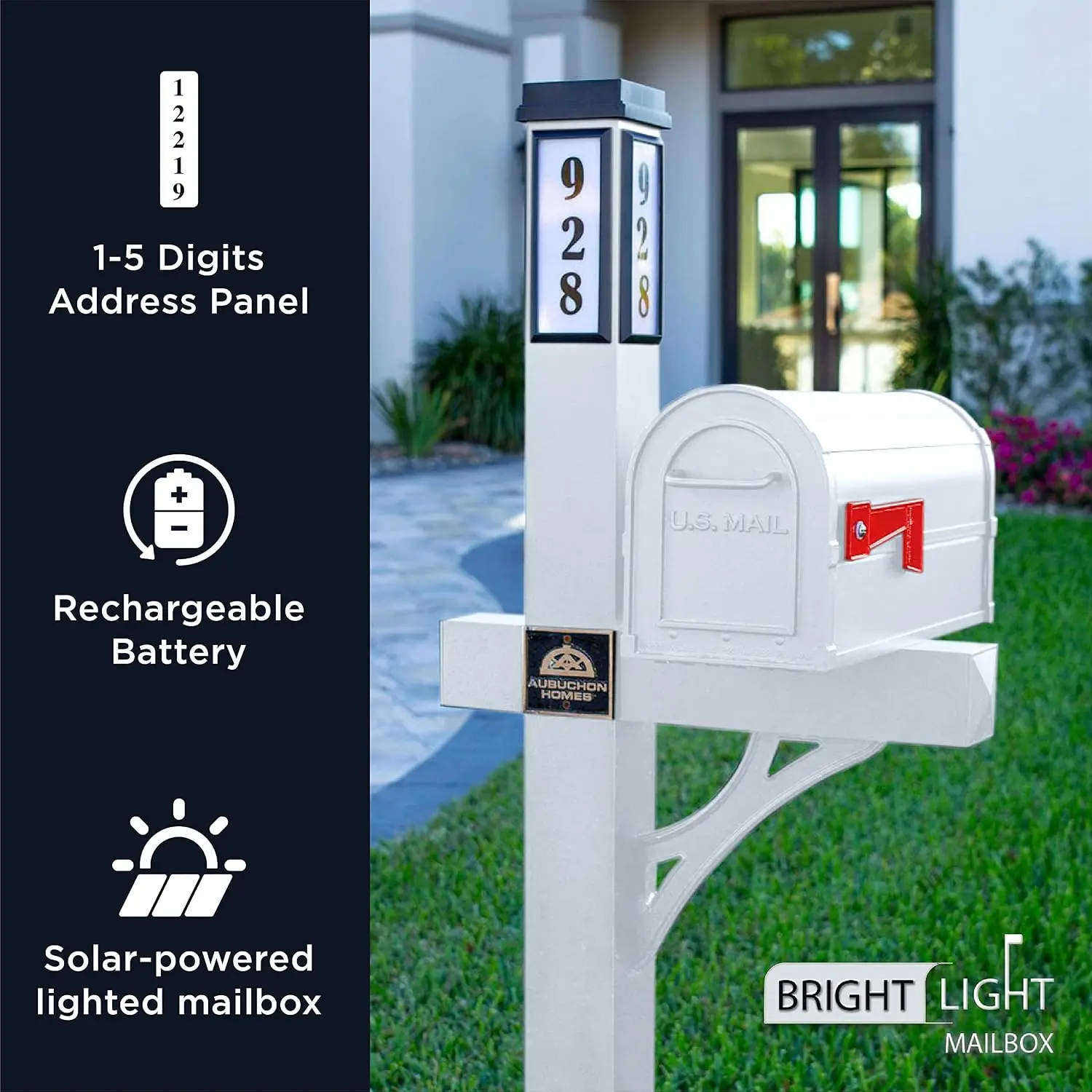 Brightlight Mailbox, Two Door Premium Aluminum Mailbox and Post with Solar Address Light, Illuminated House Numbers for Easy Nav