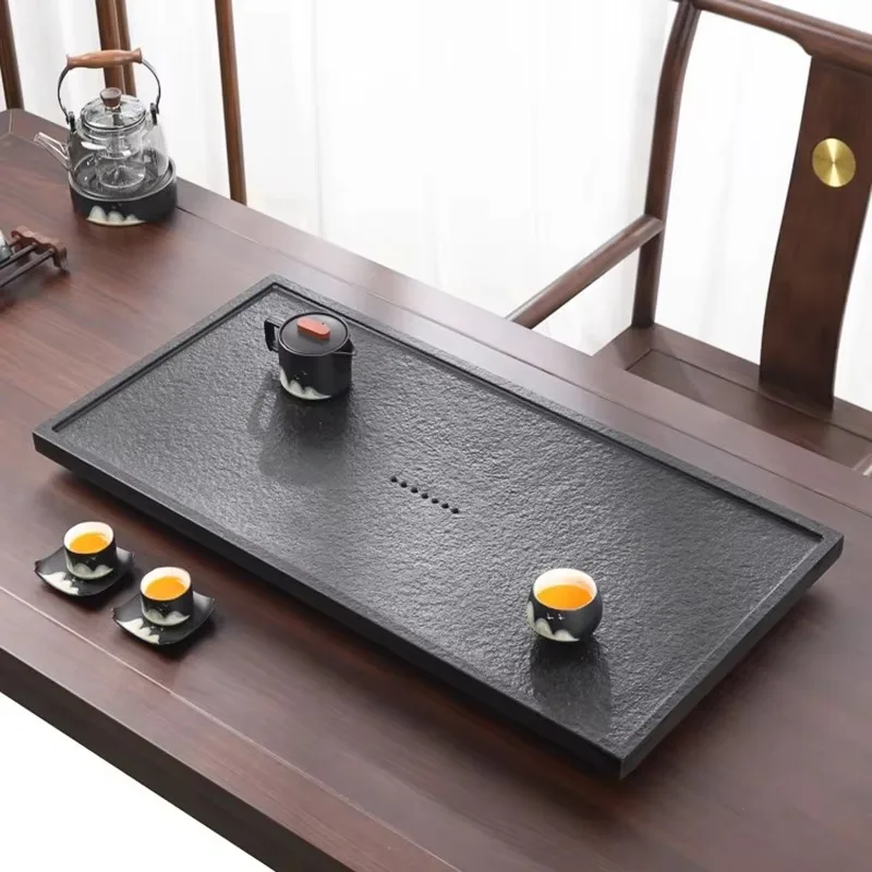 ^Black Luxury Tea Tray Stone Decorative Office Pot Chinese Kitchen Long Rectangle Tea Tray Living Room Bandejas Home Decorationg view 3