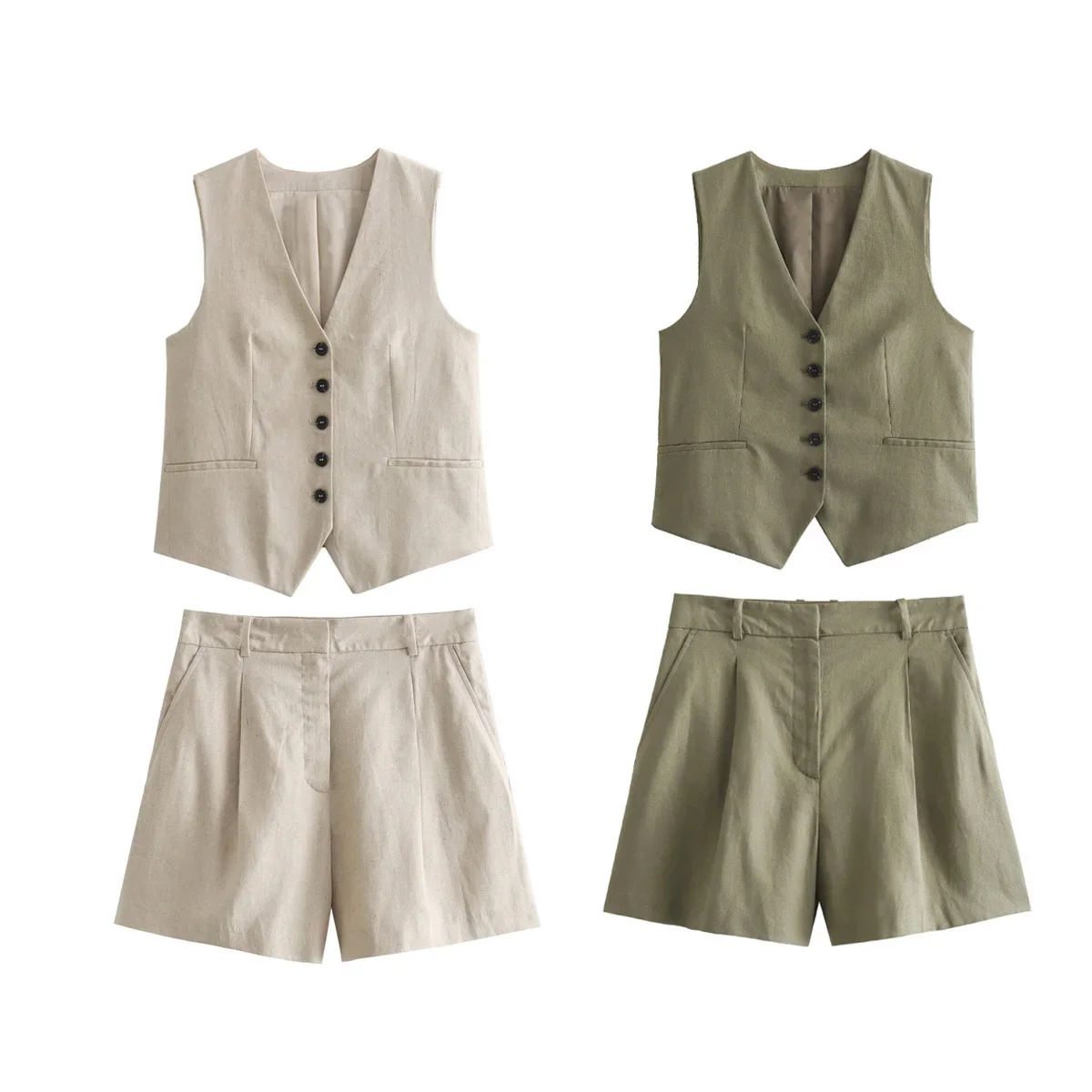 set woman 2 pieces2024 Fashion Flax blended custom vest Female +Flax blended high waist casual shorts Women's suit