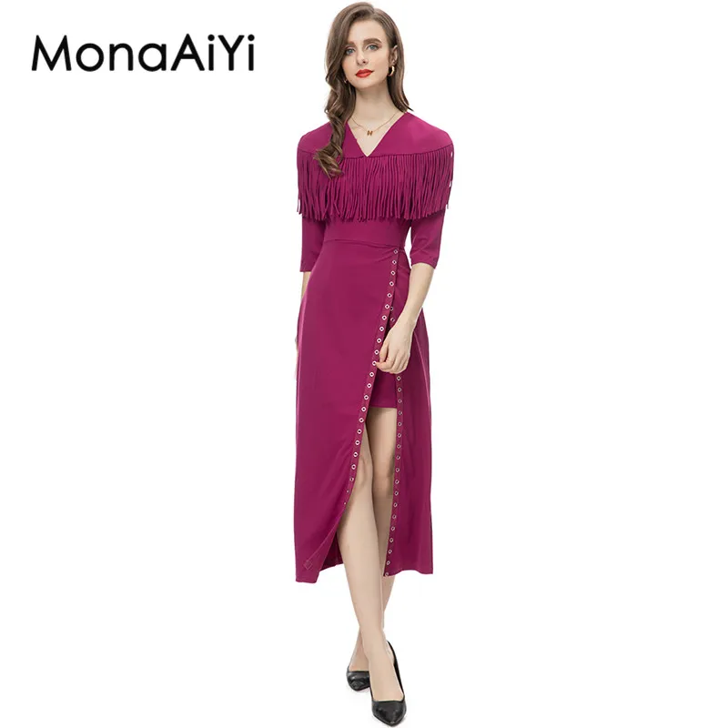 

MonaAiYi High Quality Runway Fashion Designer Dress Women's V-Neck Tassels High-Waist Split Tight Slim Purplish Red Dresses