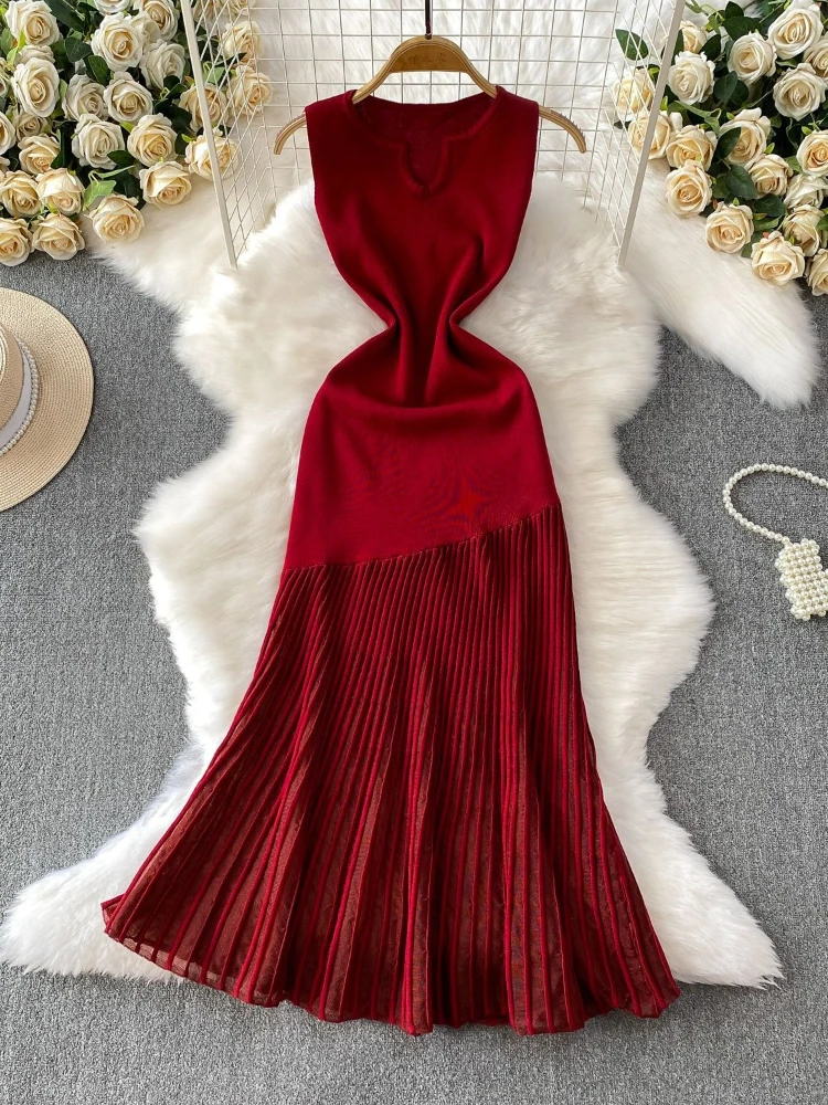 

Сексуальное платье-жилет без рукавов для женщин осенью и летом, платья Узкое лоскутное платье макси с высокой талией в стиле плиссированной сетки для женщин