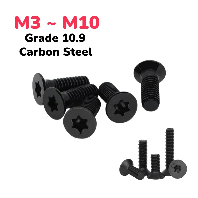 Black Grade 10.9 M3 M4 M5 M6 M8 M10 Carbon Steel Flat Countersunk Screw Six-Lobe Torx Head Screw Length 4~40mm