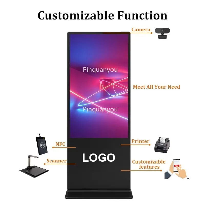 55 بوصة الطابق الدائمة أندرويد لافتات رقمية تعمل باللمس كشك LCD الإعلان لاعب فيديو داخلي الطوطم