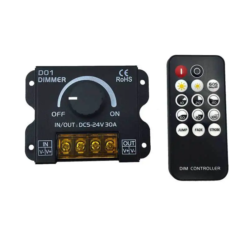 

30A LED Strip Light Knob Switch Dimmer with Wireless RF Controller for 5050 SMD COB Monochrome Tape Lights Stepless Dimming