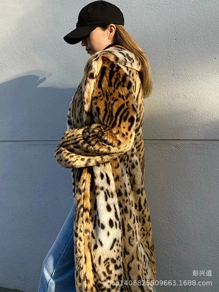 Old Money Winter Women Eco Fur Coat Leopard Print Suit Collar Artificial Fur Jacket For Lady Long Over The Knee Female Fur Coat