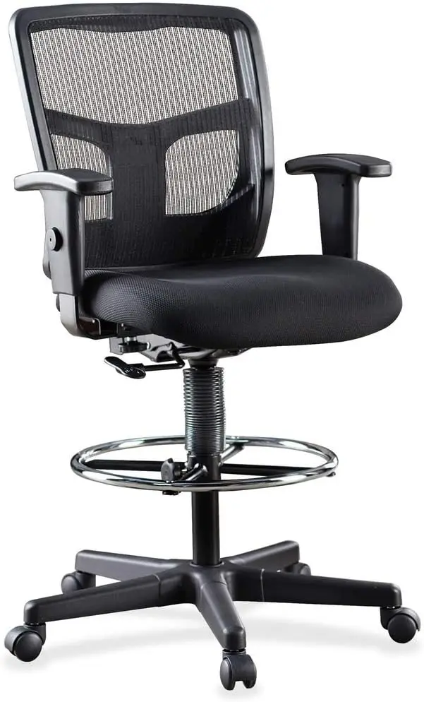 Lorell Ratchet Stool Office Chair - Ergonomic Mid-Back Design with Breathable Mesh, Cushioned Fabric Seat, Adjustable Chrome Foo