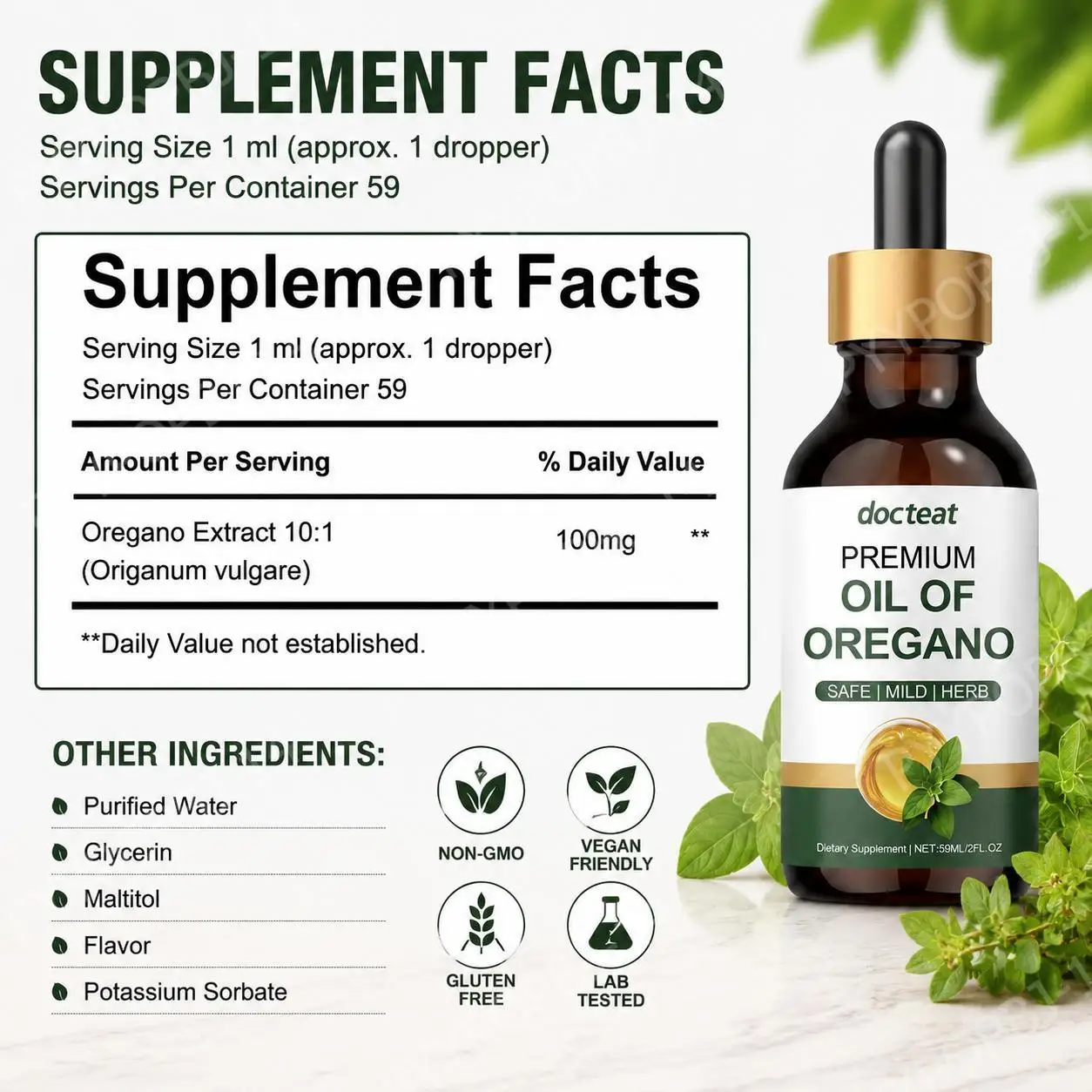 Docteat Oil of Oregano Drops with Oregano Extract 10:1, Microbial Balance & PH Support, Digestive Comfort, Immune Support, 59 ML