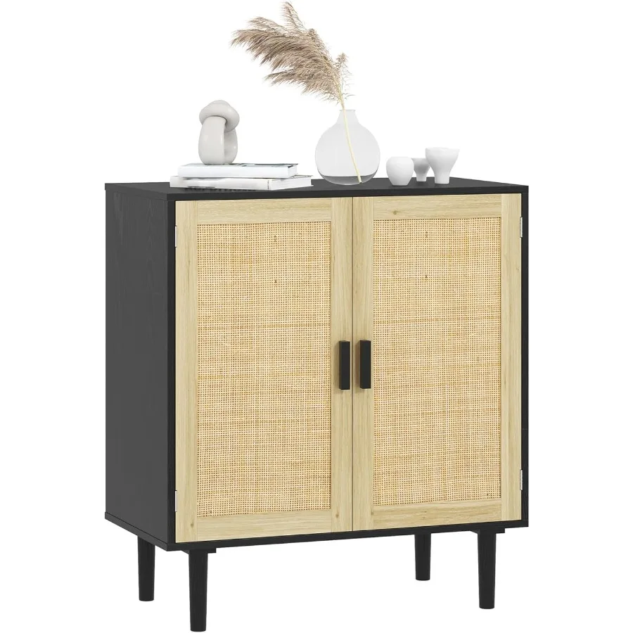 32 Boho Rattan Sideboard Buffet Cabinet with 2 Doors and Adjustable Shelves for Kitchen Living Room Entryway Decor Black Modern