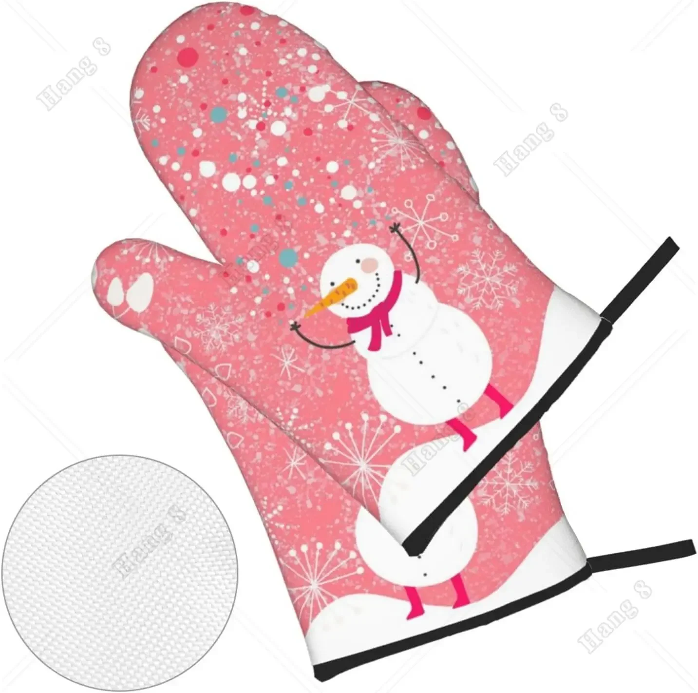 Pink Winter Cartoon Funny Snowman Scarf Floral Oven Gloves Sets of 2 Kitchen Potholder Oven Gloves Heat Resistant One Size