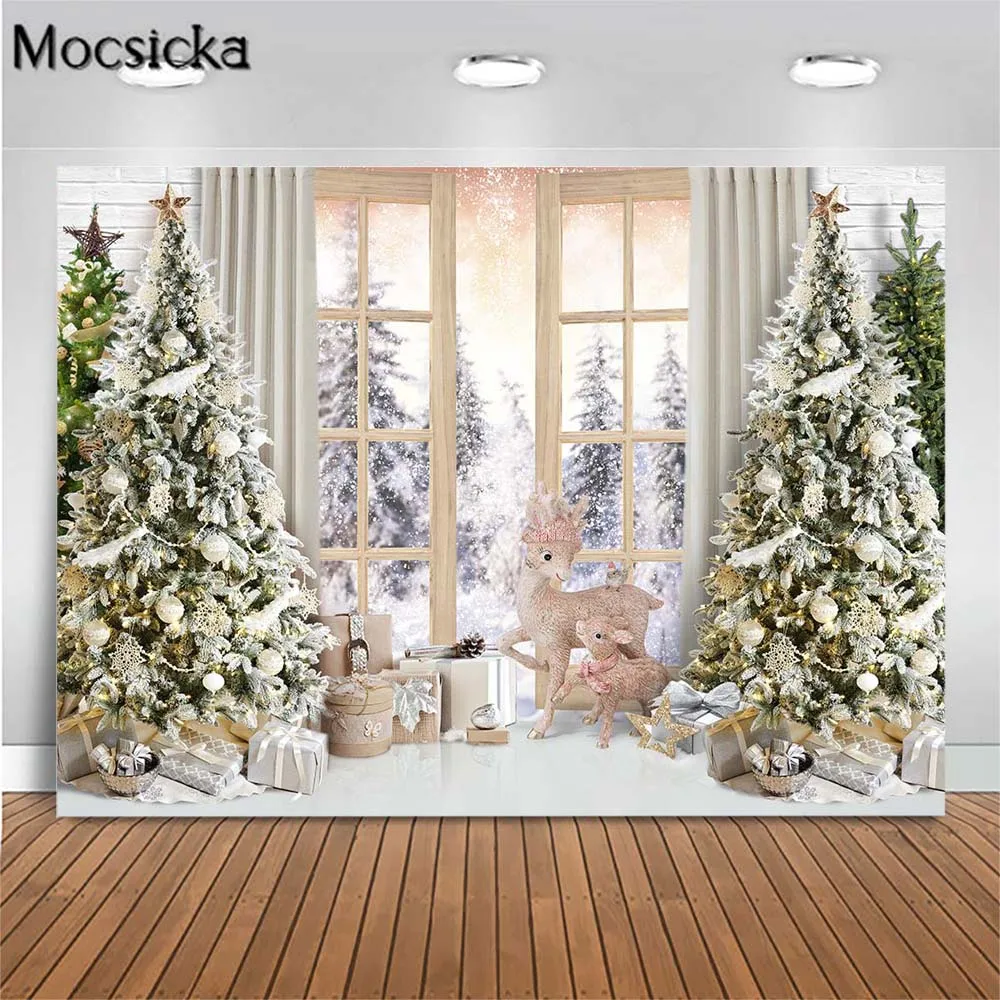 

Mocsicka Winter Christmas Backdrop for Photography Snow Scene Outside the Window Xmas Tree Girl Birthday Background Studio Props