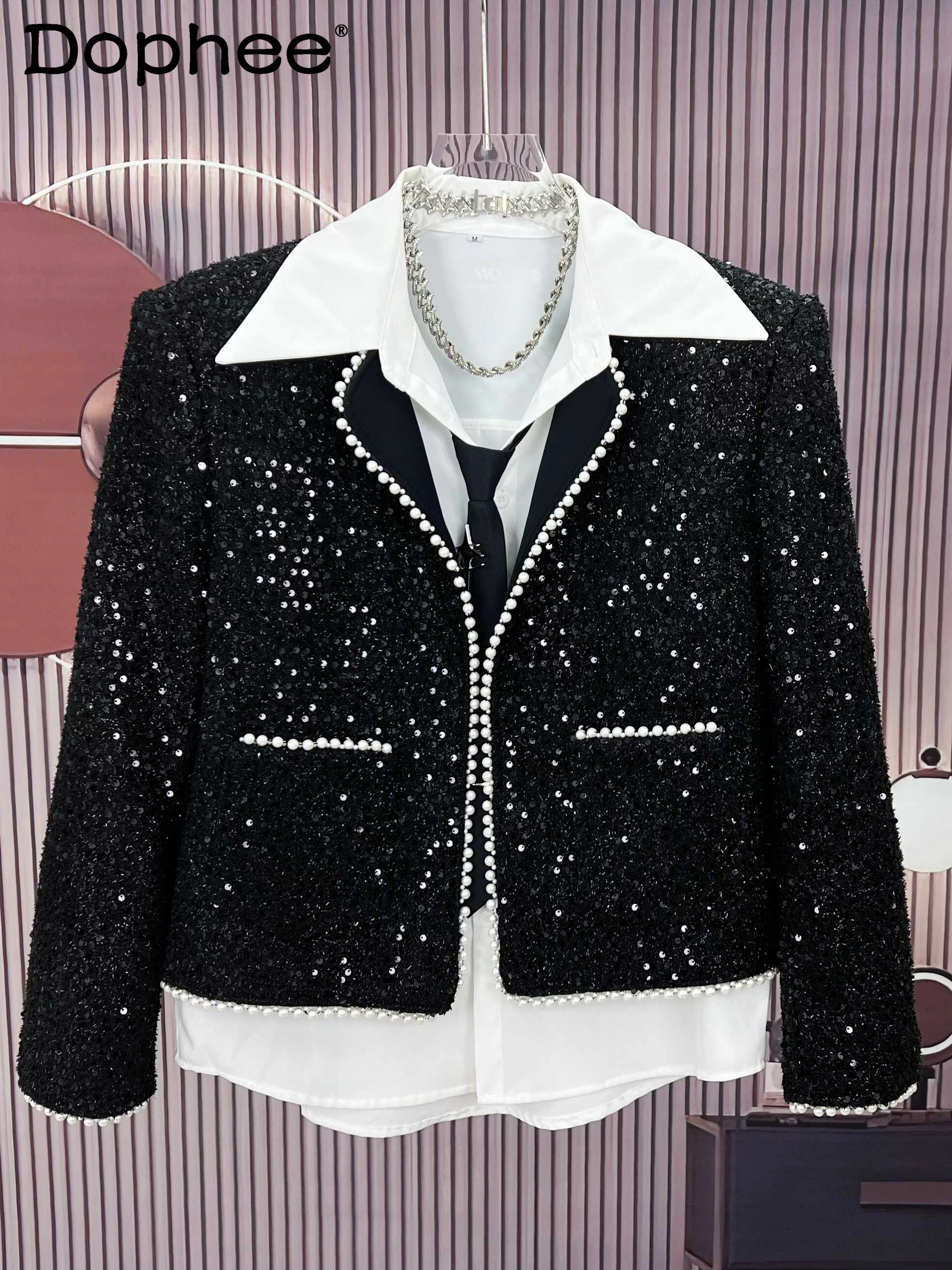 

2024 Autumn Winter New Male Pearl Design Short Small Fragrant Coats Men's Splicing Retro Casual Trendy Long Sleeve Chic Jackets