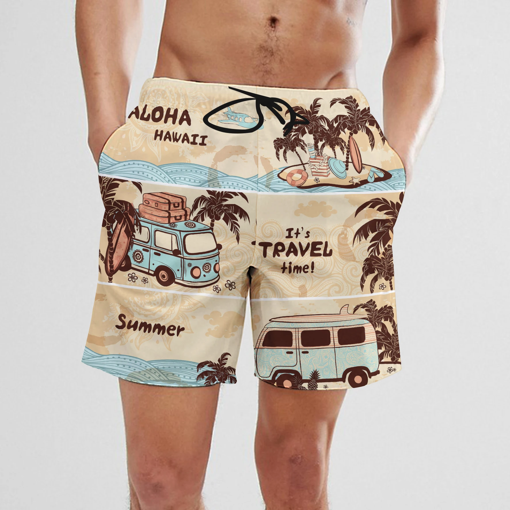 SummerFashion Cartoon Coconut Tree Car Digital Printing Men\'s Drawstring Shorts Quick Drying Hawaiian Beach Fitness Casual Short