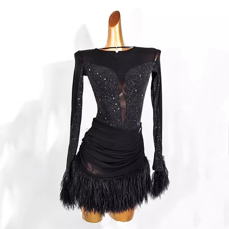 2025 New Latin Dance Competition Dress Women\'s Performance Tassel Ballroom Dress Long Sleeves Salsa Clothes Rumba Practice Wear