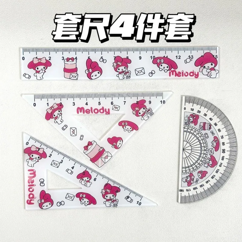 4pcs/Set Sanrio Hello Kitty Cartoon Ruler Set Acrylic Triangular Plate Protractor Measuring Ruler Stationery Kids Christmas Gift