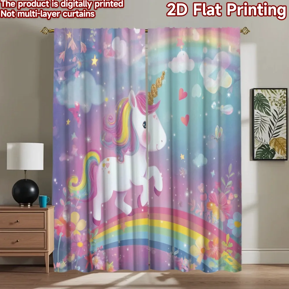 

2D flat printing 2pcs Window Curtains Cute Unicorn Rainbow Stars Digital Printed Polyester Drapes Seasonal Party & Holiday Decor