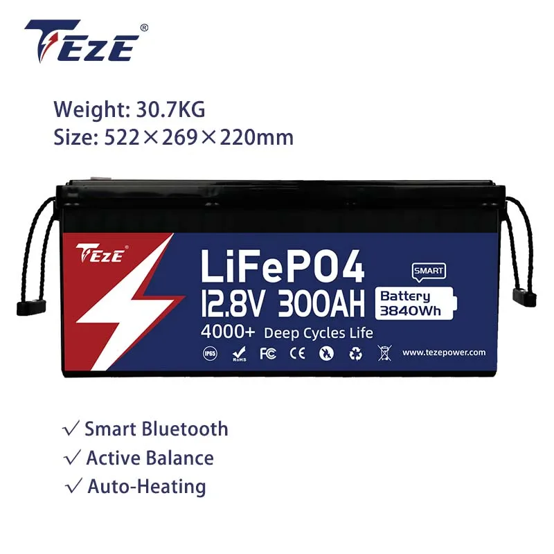 TezePower 12,8 V 300 Ah LiFePO4-Akku mit integriertem BMS, mit Bluetooth, selbsterhitzendem und aktivem Balancer, wiederaufladbarer Speicher
