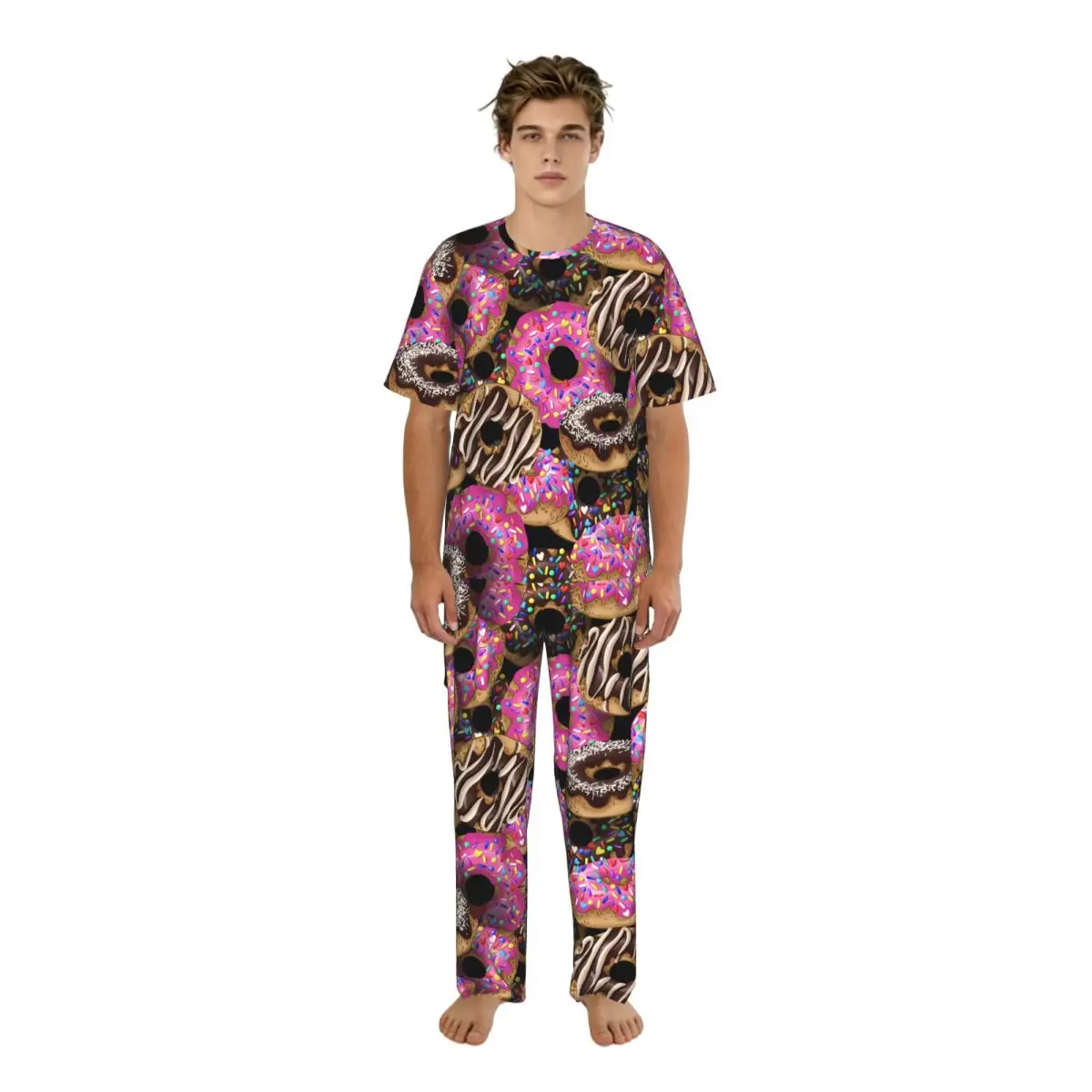Men Pajamas Set Yummy Donuts Short Sleeve Spring Summer Lounge Sleepwear Male Nightwear