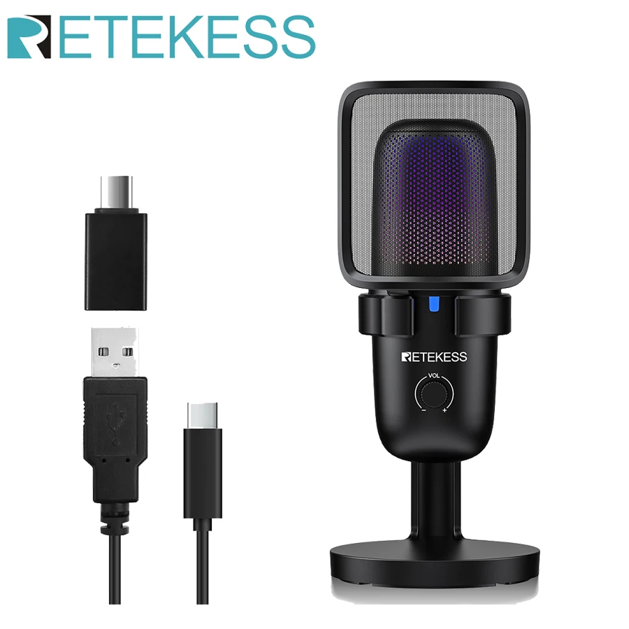 

Retekess TG201 Game Live Broadcast Microphone Plug-and-play USB 96kHz w One-touch Mute Colorful RGB Lighting for Karaoke Gaming