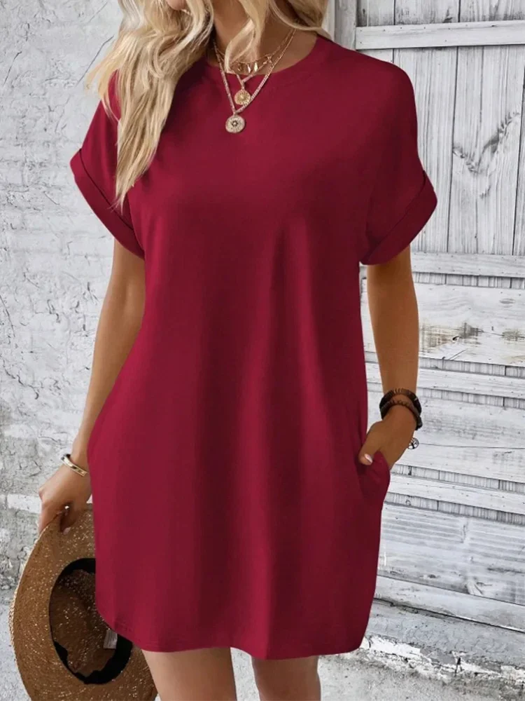 Fashion Pure Colors Dress Women's Pocket T-shirt Style Mini Dresses Summer Casual Loose Dress Vestidos