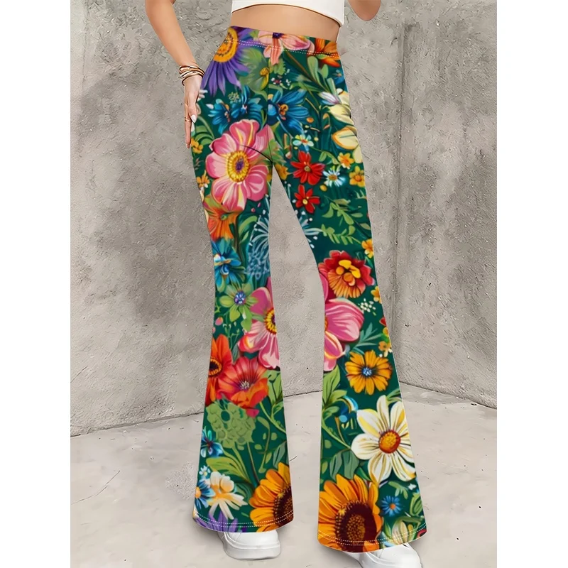Girls All Over Print Flare Pants Stretchy Bell Bottom Leggings Elastic Waist Pants for Tween Teens Back to School Outfit