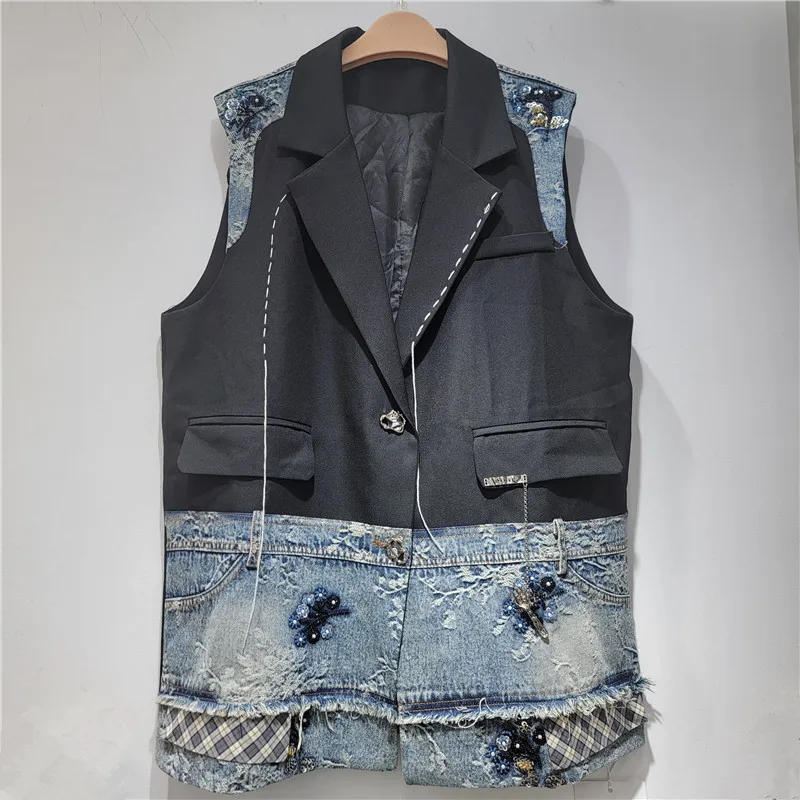 

Denim Coat Women Lapel Jackets Single Breasted Sleeveless Vest Vintage Y2k Streetwear Splice Work Casual Jacket Slim Fit summer