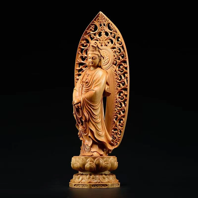 

Retro handicrafts, solid wood carved lotus Guanyin decorations, home and office feng shui ornaments, auspicious ornaments