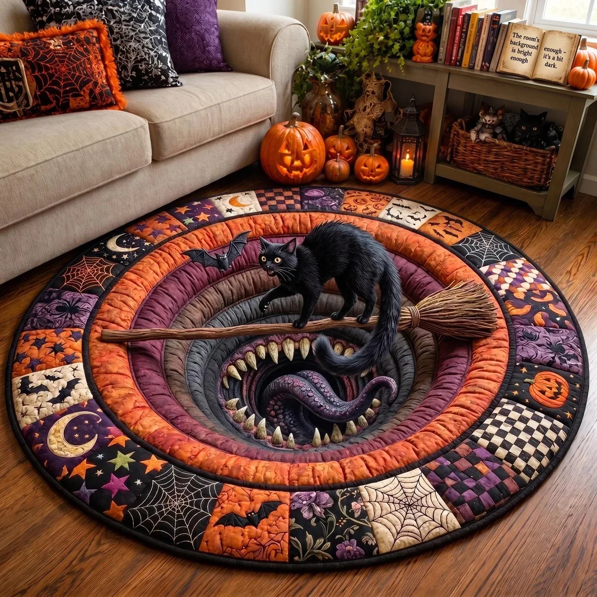 Round Area Rug 3D Vortex Halloween Ghost Non-Slip Circle Carpet for Living Room Sofa Spooky Castle Decor