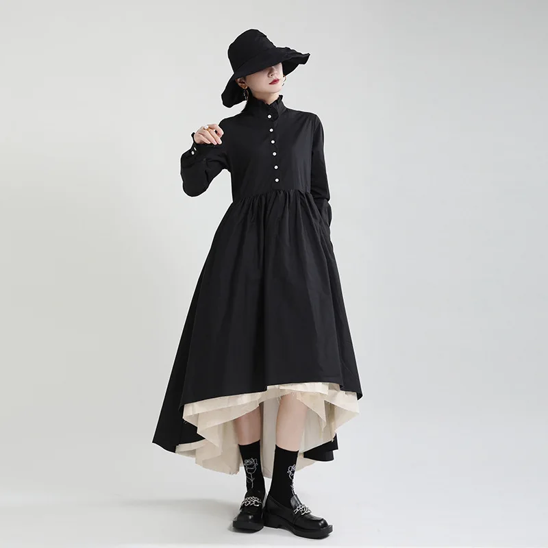 early autumn temperament dress multi-level patchwork dress palace style stand-up collar single breasted black Pengpeng dress