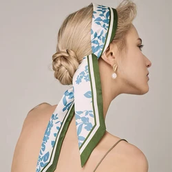 Bufanda larga de seda de morera 100% Natural para mujer, pañuelo estampado, lazos para el cabello, cintas para bolso, diadema, adorno para el cabello, bufandas de tira