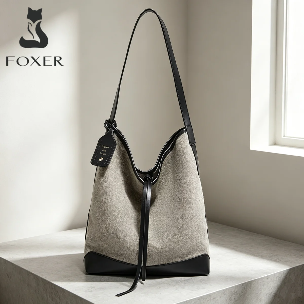 FOXER Soft Fabric Women Hobo Bucket Bag Large Capacity Drawstring Shoulder Bag Casual Commuting Ladies Handbag Purse