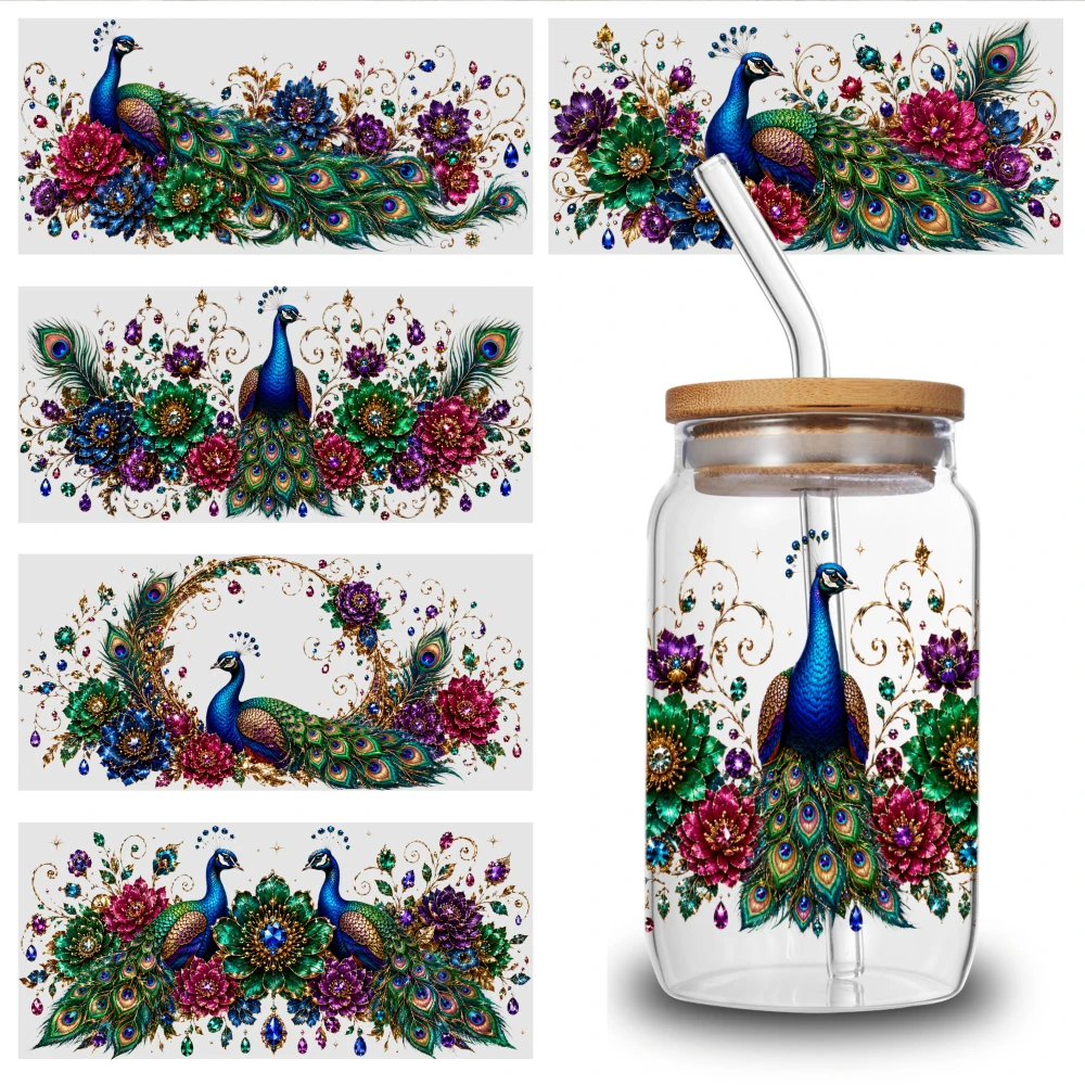 5 Sheets Peacock Floral Pattern UV DTF Stickers Plastic Self-Adhesive Labels UV DTF Transfer Stickers for Glass Cups Waterproof