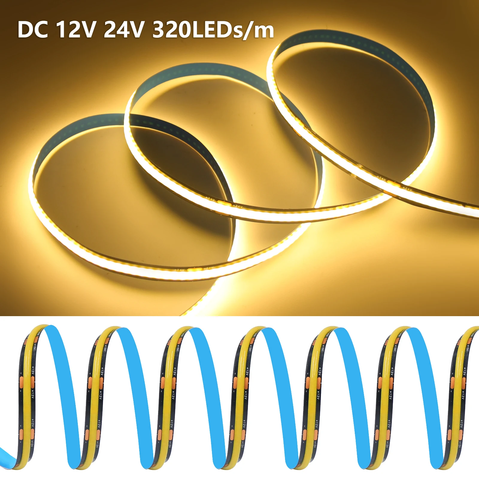 

12V 24V COB LED Strip 8mm Black PCB Dimmable 320LEDs/m High Density RA90 Natural Warm White Flexible Tape for Indoor Lighting
