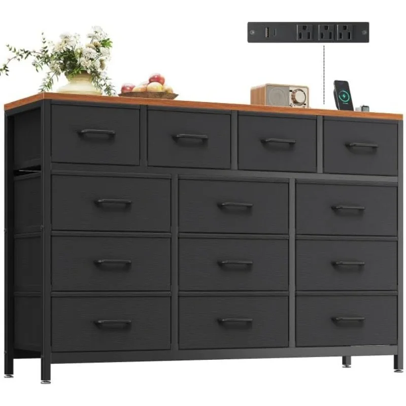 

Dresser for Bedroom with Charging Station, 55" Long Dresser with 13 Storage Drawers, Large Fabric Dressers Chests of