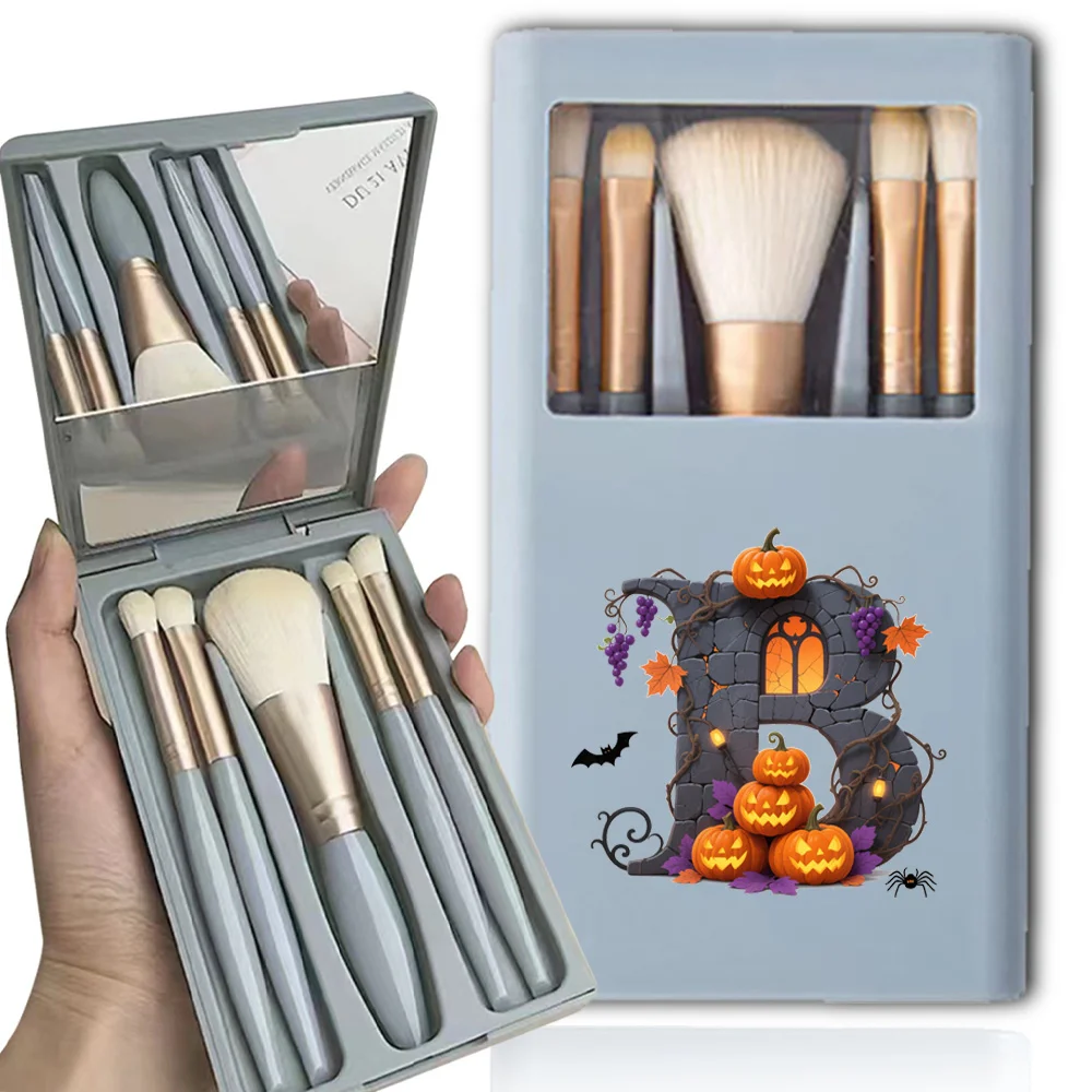 مجموعة فرش مكياج محمولة للنساء، أدوات تجميل متعددة الوظائف، حقيبة تخزين مطبوعة مبتكرة مع نمط حروف الهالوين المرآة