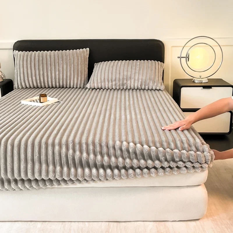 Rabbit Velvet Thicken Autumn Winter Fitted Sheet Set or Only 1 Pcs Fitted Sheets Warmth Bed Sheet Queen Mattress Cover King Size