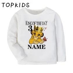 Camiseta de cumpleaños con nombre personalizado, ropa de dibujos animados del rey del día, León para niños y niñas, Tops bonitos, camiseta de manga larga para niños, LKP2467