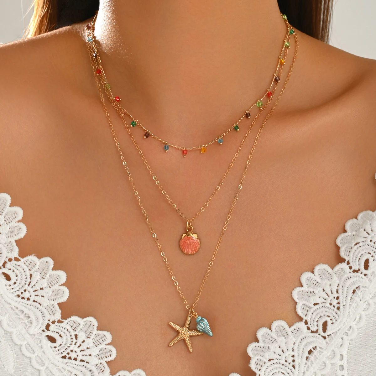 Summer Beach Multi‑Layer Chain Necklace Colourful Beaded Starfish Conch Shell Charm Boho Adjustable Women Holiday Neck Ornament