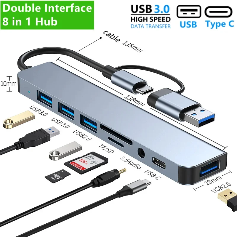 8 in 1 USB Hub Type A C 3.0 Concentrator Docking Station Multi Adapter SD TF Card Reader Audio Multi-hub Dock Splitter Hubs