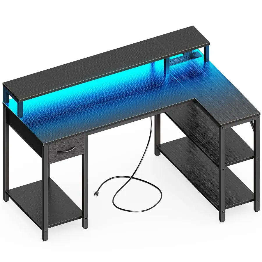 

47 inch L Shaped Gaming Desk with LED Lights amp Power Outlets, Reversible Computer Desk with Shelves amp Monitor Stand, Corner