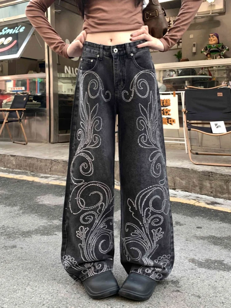 

2026 Trend Y2K Style Hot Fix Rhinestone Washed Black Baggy Women's Jeans Pants For Woman Clothing Straight Loose Long Trousers