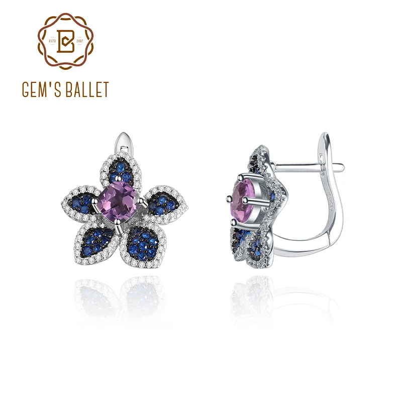 GEM'S BALLET 925 Sterling Silver Earrings Ring For Women Natural Amethyst Gemstones Flower Handmade Statement Stud Earrings